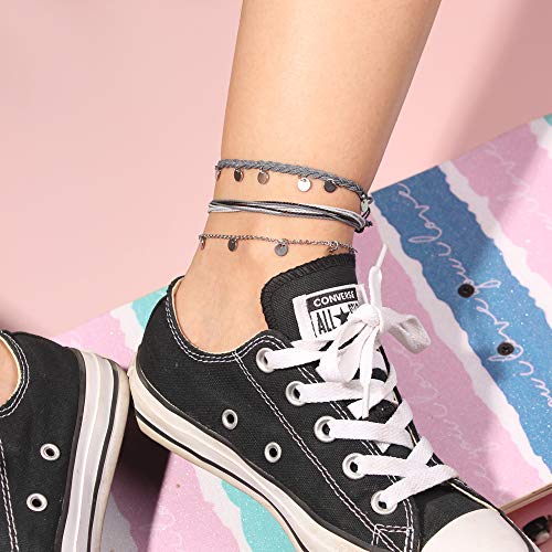 Fancy Shiny String Ankle Bracelets Waterproof Rope Anklets Braided Beach Boho Coin Anklets Cute Friendship Foot Jewelry For Women Teen Girls(Stainless Steel) #TOP1