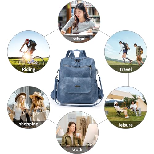 Image of Backpack Purse for Women, PU Leather Backpack Purse, Fashion Travel Anti Theft Backpack, Multipurpose Lightweight Waterproof Convertible Purse Shoulder Bag Handbag, Blue