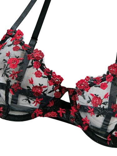 Image of Lilosy Sexy Floral Embroidered Mesh Sheer Underwire Lingerie Set