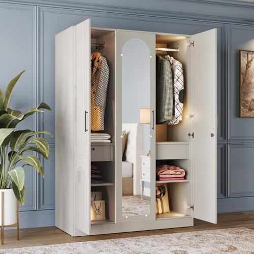 Image of Wakefit Wardrobe for Bedroom | 3 Yr Warranty | Cupboard for Bedroom, Almirah, Wooden Wardrobe, Comes with LED light, Storage Drawer, Mirror & Hanger, Density:680-750kg /m, Free Installation(Tyrian-LG)