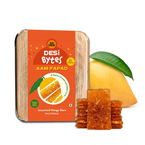 Image of GO DESi Mango Fruit Bars, 40 Bars, Aam Papad, Spicy Fruit Roll-Ups, Assorted Flavor, Individually Wrapped, No Preservatives, No Artificial Flavour, No Colour, 470 Gram