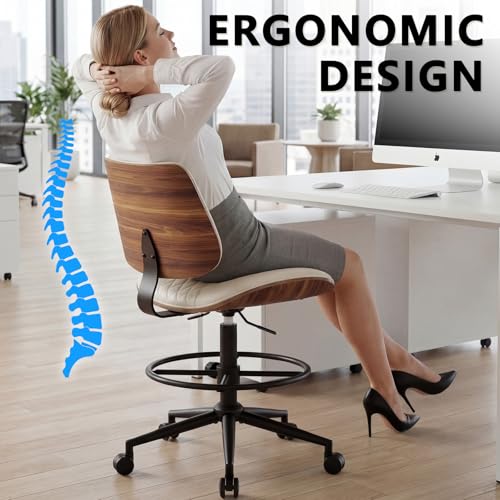 Image of Drafting Chair with Adjustable Footrest, Armless Modern Tall Office Chair for Standing Desk, PU Leather Swivel Stool in Curved Bentwood Style, Ergonomic Rolling Walnut Chair for Office(Beige)