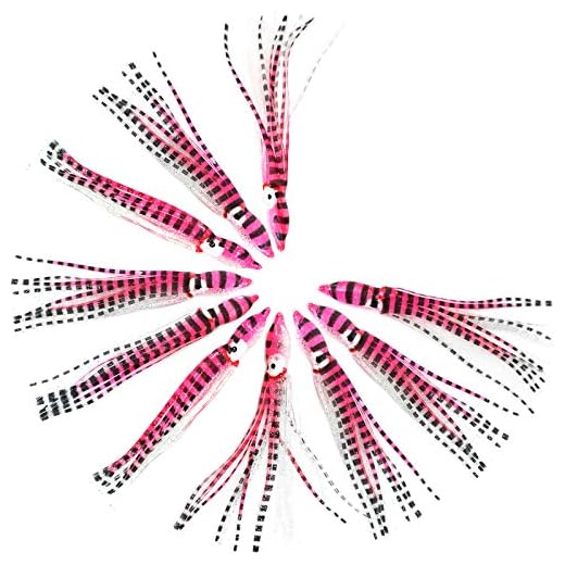 Fish WOW! 50pcs Pink Silver Black Stripes Squid Skirt 4-3/4 inch Hoochie Octopus Squid 12cm Fishing Trolling Soft Lure PVC Plastics Replacement Lures Easy to use