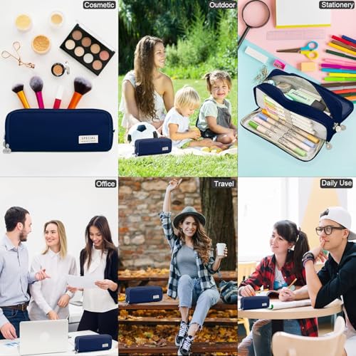 Image of Canvas Large Capacity Pencil Case with 3 Compartments, Metal Zipper Pen & Pencil Pouch for School, College, Office, Boys & Girls, Travel Stationery Bag Organizer (Blue)