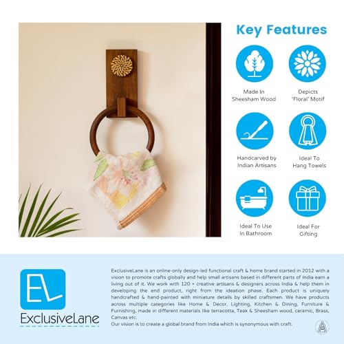 Image of ExclusiveLane 'Floral Block' Hand Carved Towel Ring Holder in Sheesham Wood - Kitchen Towel Holder for Kitchen Face & Hand Towel Stand Hangers Bathroom Towel Ring for Wash Basin Bedroom Wall Decor