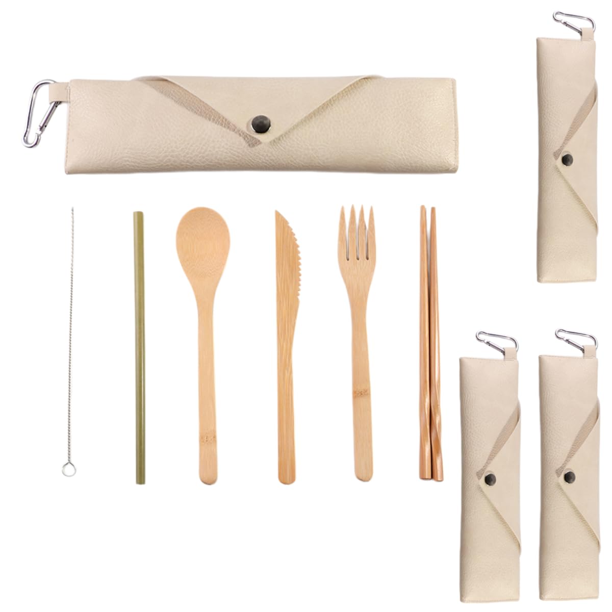 Cucchiai E Forchette Di Legno Set Portatile Di Coltello Bacchette Cannuccia Forchetta E Cucchiaio In Bambù Per Esterni Beige 4 Set