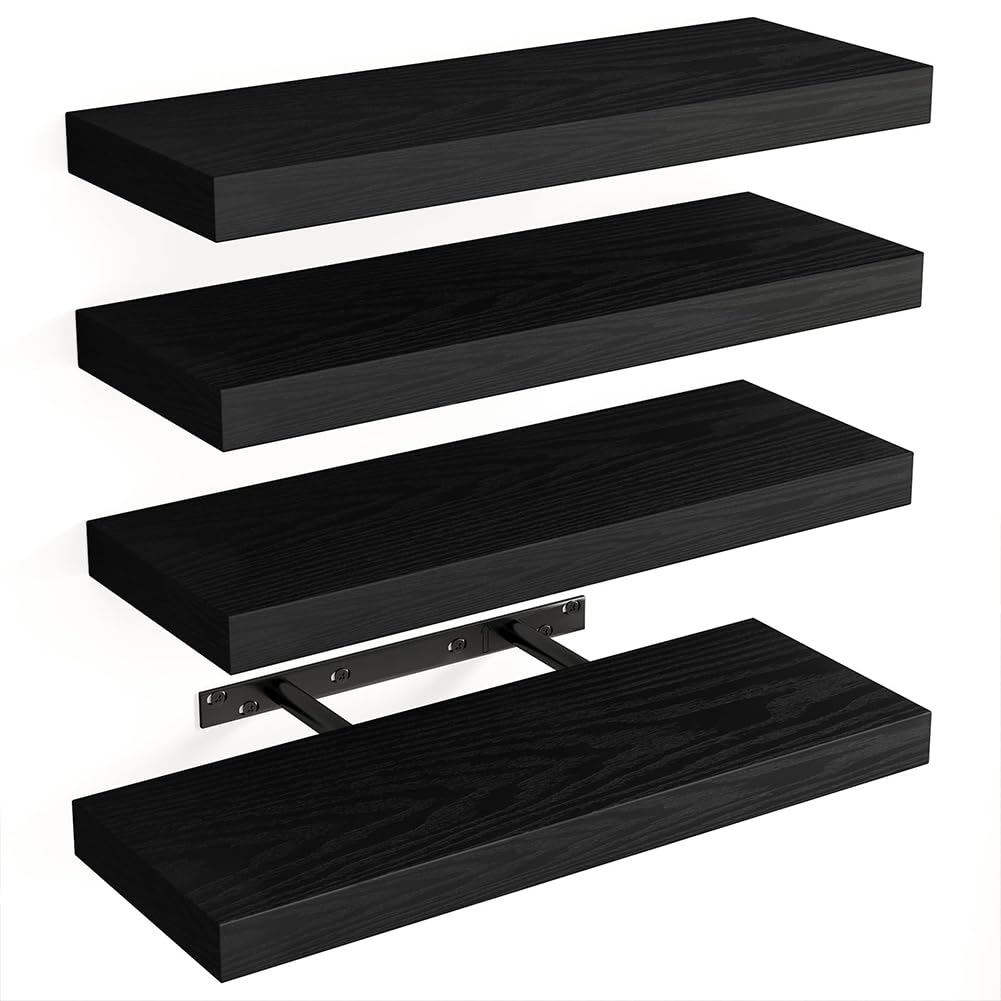 BAKAJI Lot de 4 étagères murales en Bois Massif, étagères murales Multi-usages avec Supports rétractables en métal, étagères pour Chambre à Coucher, Salon, Cuisine, Salle de Bain, 40 x 14 x 3 cm