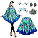 5 PCS Halloween Disfraz Pavo Real Adulto Mujer, Poncho Pavo Real Pinza Pelo Plumas Pendientes Plumas Pestañas Postizas Pegatinas Cara, Disfraz Carnaval Mujer para Halloween Carnaval Mascarada Cosplay