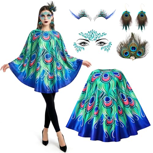 5 peças Dia das Bruxas disfarce pavão real adulto mulher, poncho pavão real pinça de cabelo penas brincos pestanas falsas autocolantes rosto, disfarce carnaval mulher para Halloween carnaval mascarada