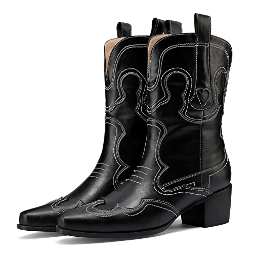Image of Womens Embroidered Cowgirl Boots Pull On Cowboy Boots for Women Floral Low Chunky Heel Western Boots