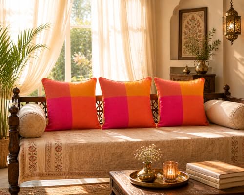 Image of RANGBHAR Handloom 100% Cotton Cushion Cover Set of 3 | Cushion with All-Around Piping for Premium Finish | 16x16 Inches Hand Woven Striped Cushion Covers - Orange