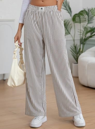EVALESS Women's Striped Pants Spring Summer 2026 Comfy Pajama Pants High Waist Wide Leg Lounge Pants Patched Y2K Casual Trousers Lightweight PJ Bottoms with Pockets Brown Stripe XX-Large - image 2