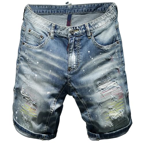 Shorts De Mezclilla para Hombre, Jeans con Efecto Desgastado Artesanal, Pantalones Cortos De Diseño Urbano, Bermudas De 5 Bolsillos con Efecto Pintura,38