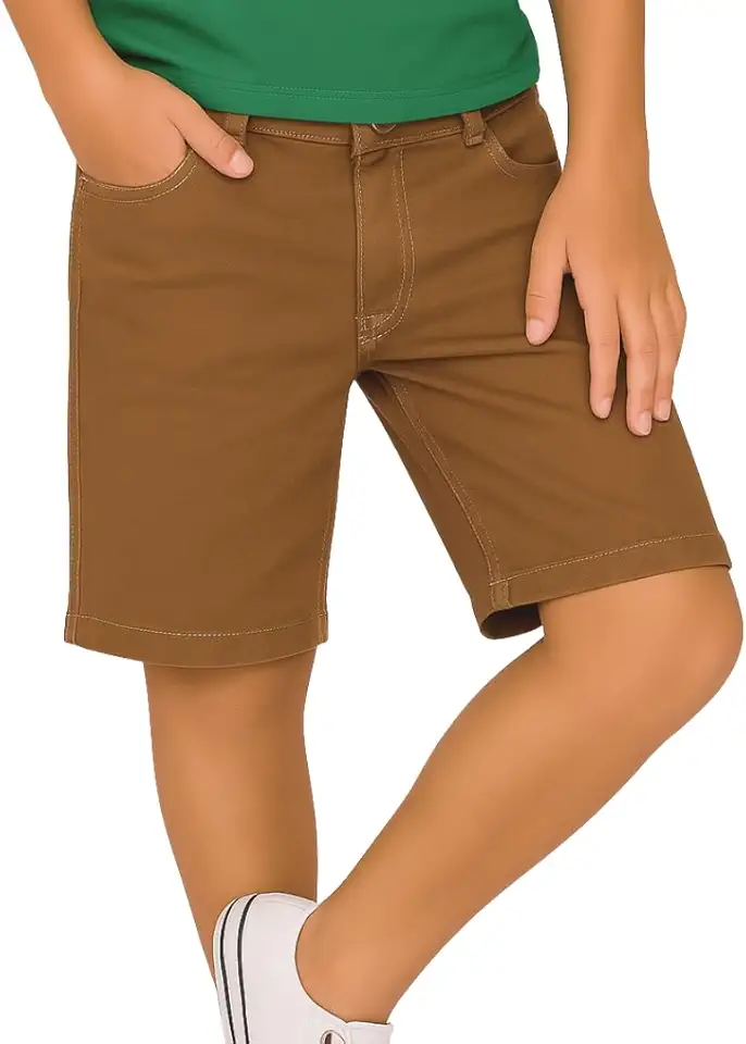 Bermuda Jeans Sarja Masculina Infantil Menino, Cores Branca, Areia e Marrom, com Lycra, 3 Bolsos Frontais, Tamanhos 8-16 Anos