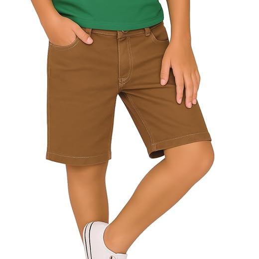 Bermuda Jeans Sarja Masculina Infantil Menino, Cores Branca, Areia e Marrom, com Lycra, 3 Bolsos Frontais, Tamanhos 8-16 Anos