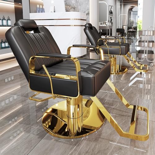 Silla Peluqueria Reclinable con Respaldo Ajustable Giratorio 360 Altura Regulable Cuero PU Silla Barberia con Base de Bomba y Reposapiés Más Gruesos de Color Dorado(Black)