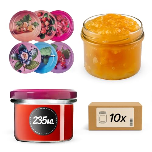 KADAX Lot de 10 bocaux à confiture de 235 ml avec couvercle à visser en forme de fruits à baies Ø 82 mm – Bocaux pour confiture, chutneys, légumes marinés, pâtes, saucisses, viande, aliments pour bébé