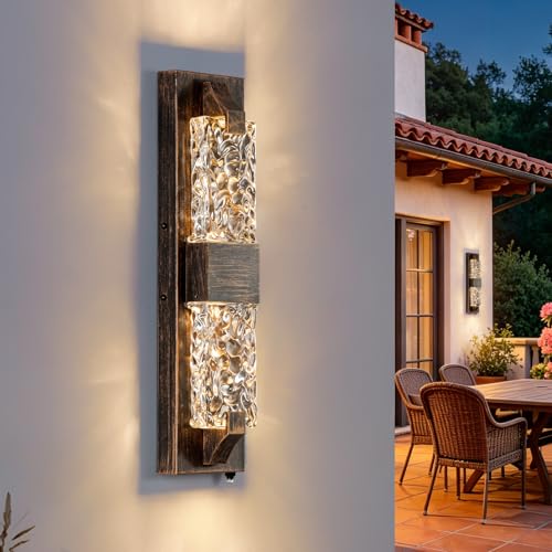 Image of Outdoor Porch Light, 18.5 inch Rustic LED Dusk to Dawn Wall Sconce Light | Rustic Wood-Grain,Crystal Glass Shade, IP65 Waterproof,12W 3000K Hardwired, Rust-resistant for Entryway /Garage /Patio /Doorway.