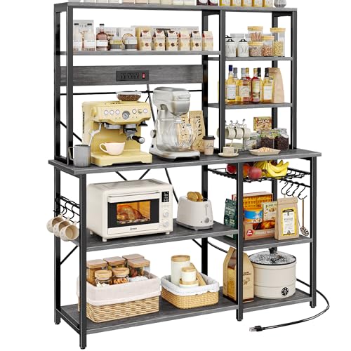 Image of SUPERJARE Larger Bakers Rack with Power Outlets, 6-Tier Microwave Stand, Coffee Bar with 12 S-Shaped Hooks, Kitchen Shelf with Wire Basket, 47.2 x 15.5x 66.9 Inches, Grey