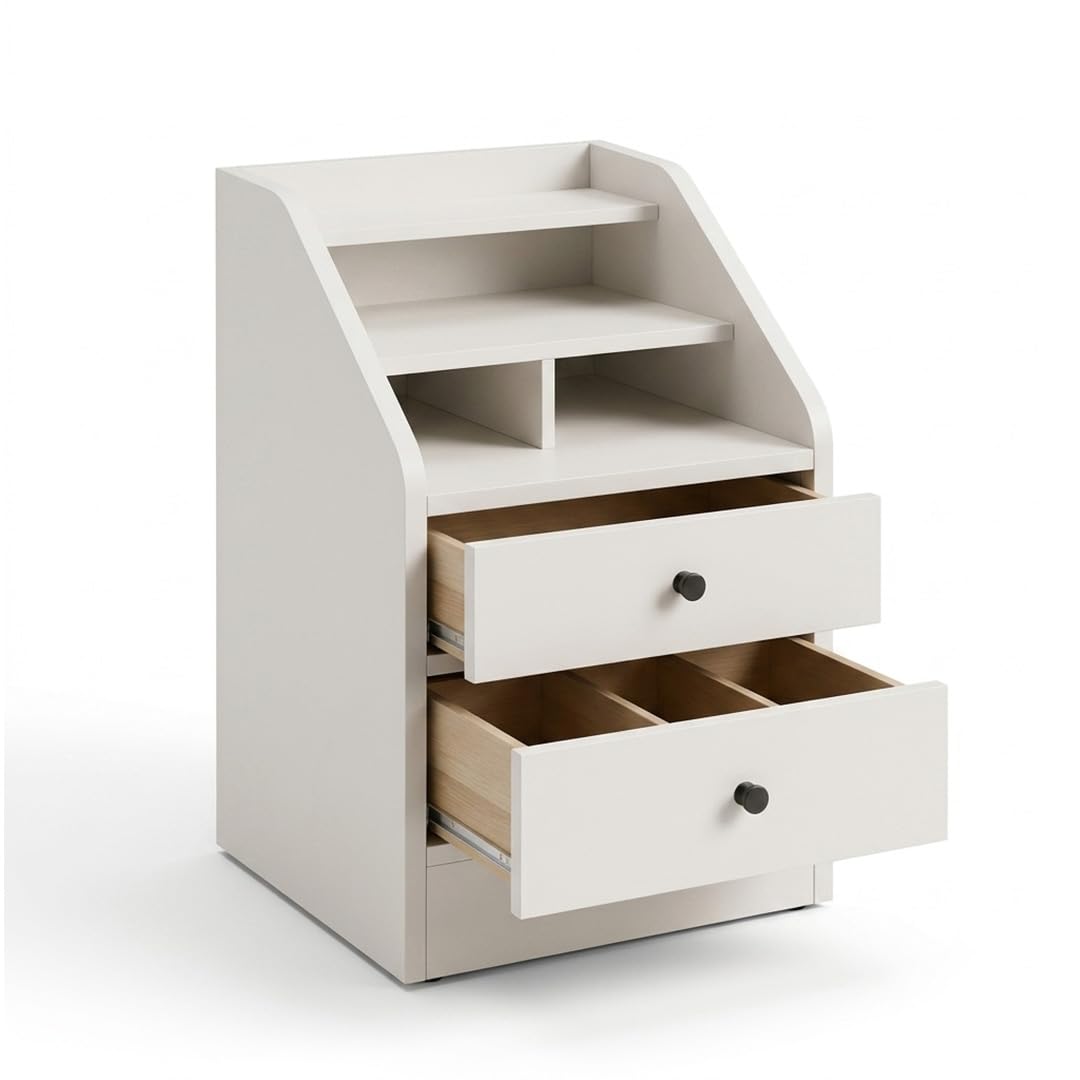 Modern Nightstand with 2 Drawers & Open Shelves, 28" Tall Bedside Table | Engineered Wood, Divided Compartments, Curved Side Panels, 18x15.7x28 Inches, Bedside Storage-image-30