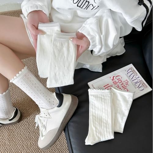 Image of 5 Pairs White Cute Socks, Women's Lace Ruffles Ankle Casual Sock, Cottagecore Breathable Socks, Floral Crew Socks