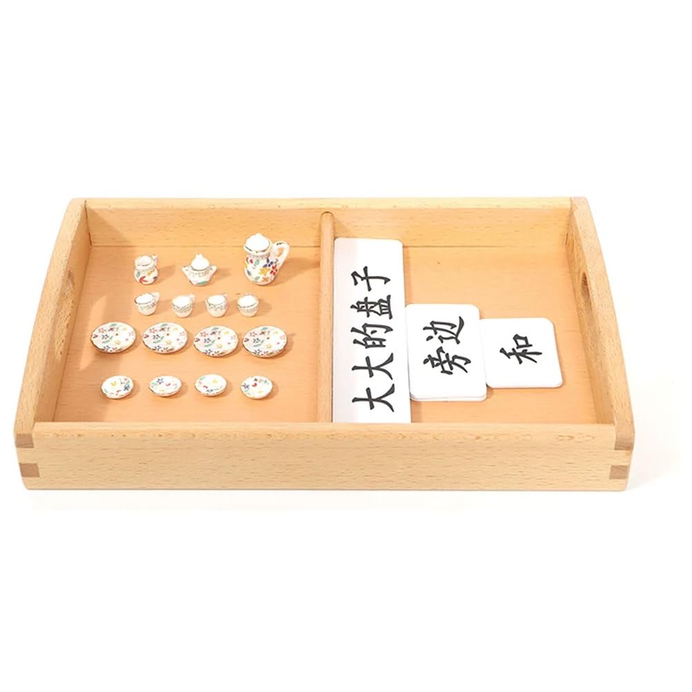 ttnmrc Montessori Adjective & Preposition Language Work Set, Mini Porcelain Tea Set with Wooden Tray, Educational Learning Kit