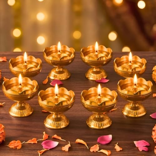 Image of Brass Diya Pure Brass Traditional Oil Puja Lamp for Temple, Mandir, Festival Decoration, Home Decor & Diwali Gift (Flower Bloom, Set of 8)