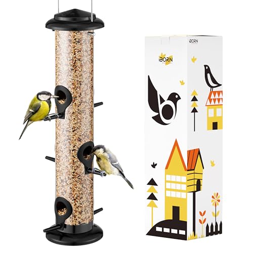iBorn Metal Bird Feeders Black Wild Bird Feeder for Outdoors Hanging All Metal Black Finishing 15 Inch 6 Port(Seed is not Included)