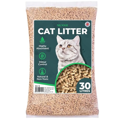 Munnie Cat Litter 30L Biodegradable Dust-Free Unscented Ultra-Absorbent Wood Pellets for Cats & Kittens Natural Cat-Litter for Housetraining Non-Clumping Litter Granules Pet-Safe