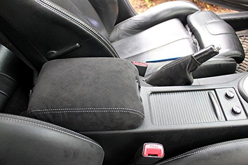 RedlineGoods armrest Cover - Type 1 Compatible with Infiniti G37 (V36) 2008-13. Tailor Made - not Universal. Genuine top-Grade Italian Black Suede (Alcantara) with Red Thread