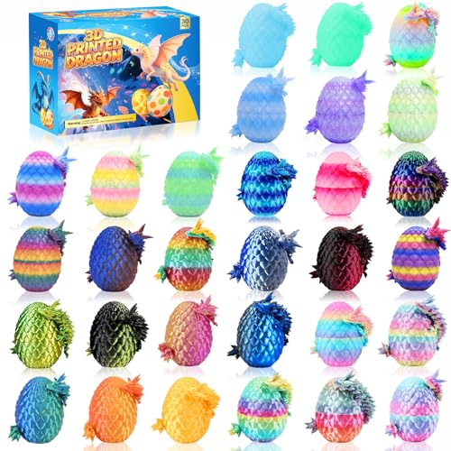 30PCS 3D Printed Dragon Eggs with Dragon Inside Mini Animals Party Favors for Kids Flexible Articulated Crystal Collectibles for Adults Teens Boys Easter Advent Calendar Easter Basket Stuffers