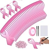 Wehhbtye 150 Pcs Breast Cancer Ribbon Cutouts, Pink Cancer Awareness Cutouts with Wooden Clips and 24 Yard Ribbons, Pink Awareness Paper Ribbon for Woman Charity Fundraising and Decorating