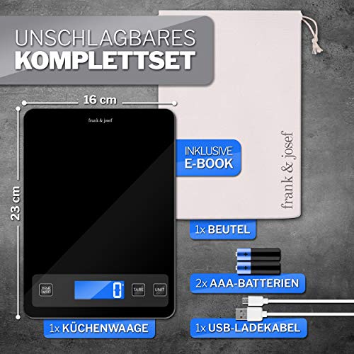 frank & josef Küchenwaage Digital mit Akku I 1g Genau - 15kg Max. Belastung I Digitale Küchenwaage mit Tara & Hold… – Bild 3