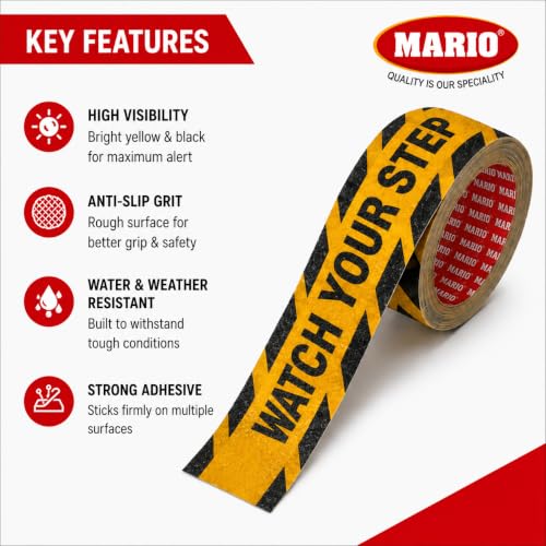 Image of Mario Watch Your Step Anti Skid Anti Slip Tape 50mm (2 Inch) x 5m | High Traction Waterproof Safety Warning Grip Tape for Stairs, Floors, Entry Lobbies & Corridors | Home Office Mall Hotel Use