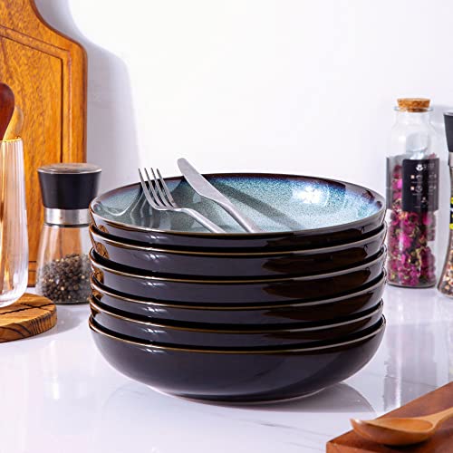 Leratio Pasta Bowls,Ceramic 38Oz Pasta Bowls,9.0" Reactive Glaze Pasta Bowl Set Of 4,Microwave & Dishwasher,Oven Safe,Large Wide Serving Bowls For Salad, Dessert, Pizza, Fruit,Gray Blue #TOP6