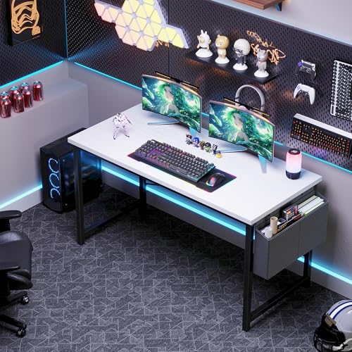 Image of OLIXIS Computer Desk, 55 Inch Gaming Desks for Home Office Small Spaces | Writing Study Craft Work Table, Computer Workstation for Bedroom with Storage Bag, White