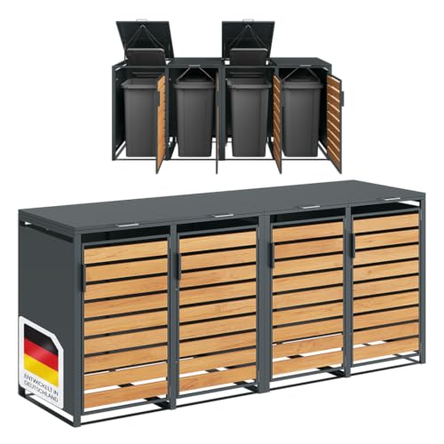 STEELSØN Kestra Mülltonnenbox 4er bis 240L – Mülltonnenverkleidung aus Stahl mit Sichtstreifen in Holzoptik – hochwertige Müllcontainer für 4 Tonnen – Müllbox in Anthrazit – Gerätebox wetterfest