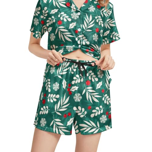 Image of Funny Pajamas for Women Set Print Satin Loungewear Pjs Short Sleeve Button Down Top and Shorts Sets Sleepwear XS-3XL