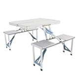 Portable Folding Camping Picnic Table with 4 Seats, Folding Camping Picnic Table with Seats/Umbrella Hole， White Aluminum, 55 x 32.67 x 26.57 Inches, Compact Storage Design