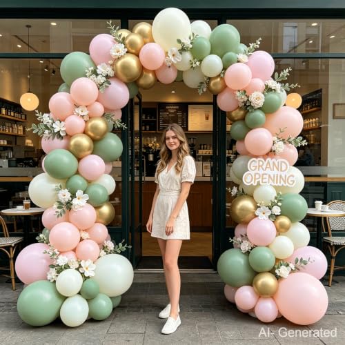 Image of Zesliwy Green Cream White Pink Gold Balloon Arch Kit, Latex, Party Decor