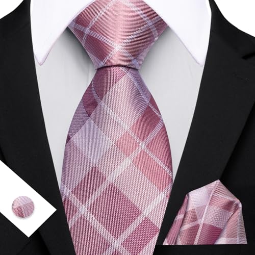 Image of Barry.Wang Plaid Ties Check Mens Necktie Set with Handkerchief Cufflinks Classic Stripe
