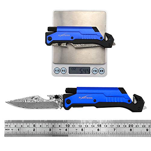 Image of ALBATROSS 6-in-1 Modern Damascus Steel Folding Pocket Knives with LED Light,Seatbelt Cutter,Glass Breaker,Magnesium Fire Starter,Bottle Opener;Multi-Function Emergency Tool(Blue-da)