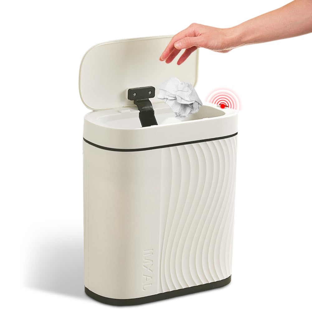 Pattumiera da Bagno con Sensore e Tecnologia Sensore, Senza Contatto e Impermeabile, per Ufficio e Bagno, Pattumiera con Coperchio e Funzione Anti-Rumore (Bianco, 8L)