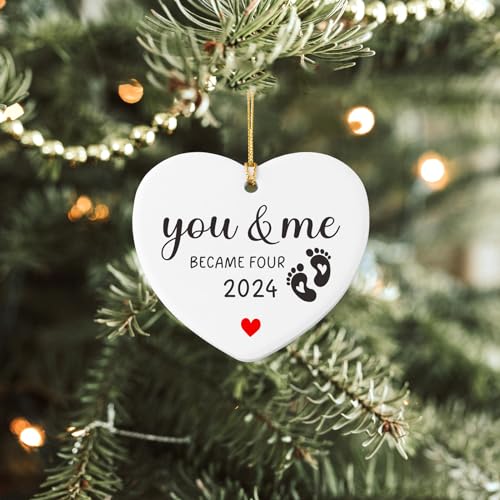 Image of You and Me Became Four 2024 Baby's First Christmas Tree Hanging Ornament Family of 4 Newborn Infant Baby Gifts for New Family Parent Mom Dad Keepsake Sign Heart Ceramic Ornament