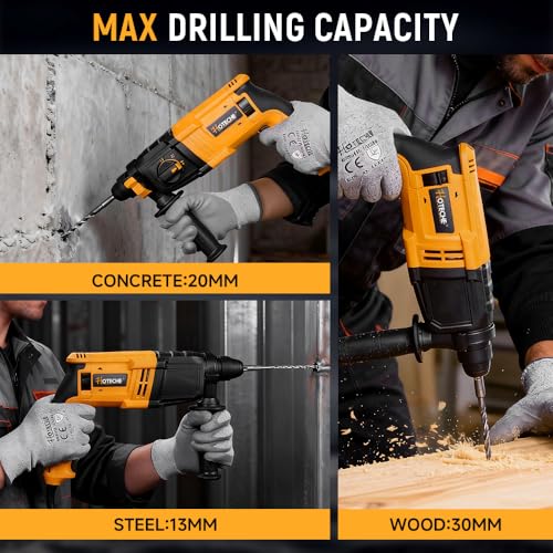 Hoteche 600W 20MM SDS Plus Rotary Hammer Drill, 1.7J Impact Force with 4 Functions, Yellow, Color Box + Plastic Case Packaging