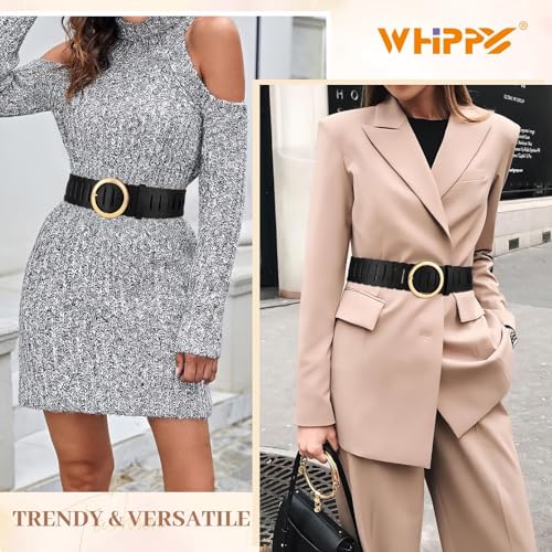 WHIPPY Wide Belts for Women with Fashion Round Gold Buckle Vintage Ladies Braided Wide Waist Belts for Dresses Coats3