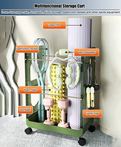 Soporte para esterilla de yoga con ruedas, estante portátil para mancuernas, organizador de almacenamiento vertical para gimnasio en casa, soporte de ahorro de espacio para rodillos de espuma y equipo