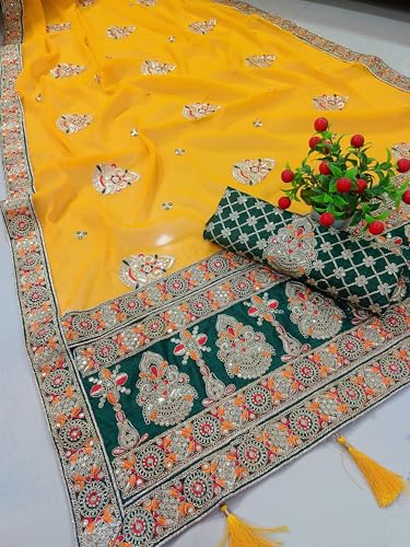 Image of Women's Bollywood Heavy Sequins Embroidery Work Georgette Saree with Unstitched Blouse