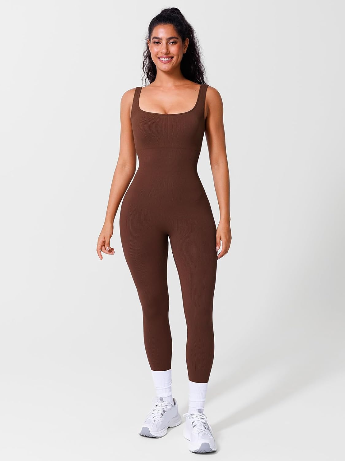 BRXL Built In Bra One Piece Jumpsuits for Women Square Neck Ribbed Sleeveless Seamless Rompers Bodysuits Casual Workout Gym - Image 2
