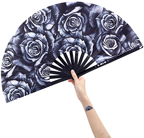 Amajiji Large Hand Folding Fans, 13 Inch Bamboo Rave Festival Folding Fan for Women and Men. Loud Clack Fan for Decoration Festival Gift Performance Party Dance (Rose)